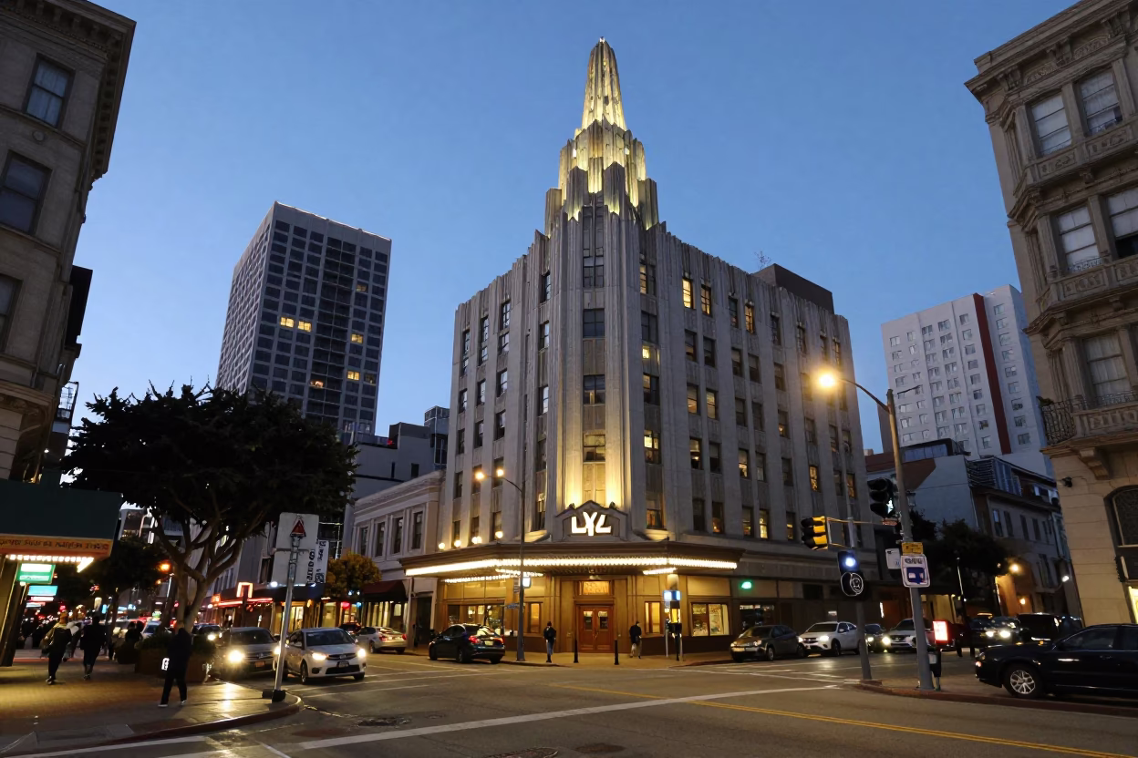 San Francisco Street Scene at Dusk with Art Deco Hotel and Laundry Lines in in San Francisco, California, United States