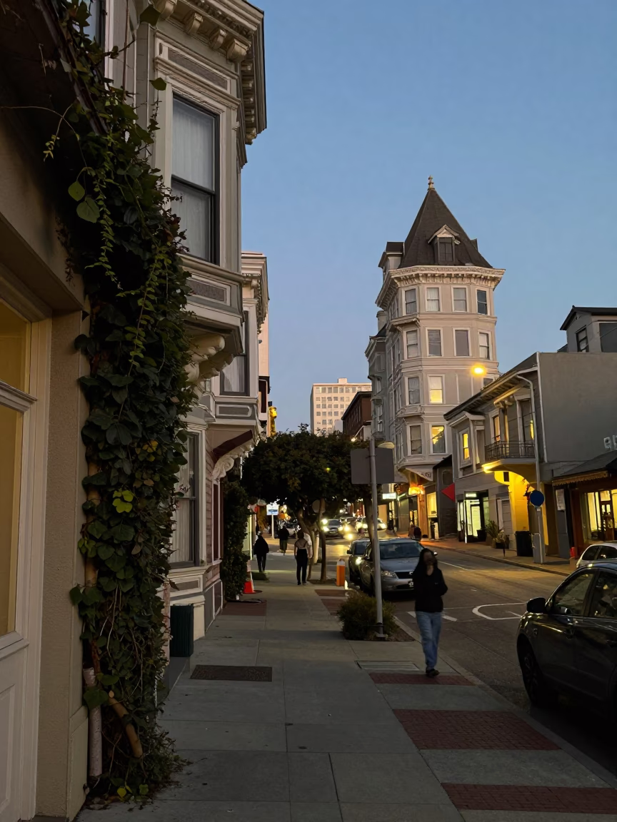 San Francisco Street Scene at Dusk with Ivy Vines and Polished Brass Hinge Details in in San Francisco, California, United States