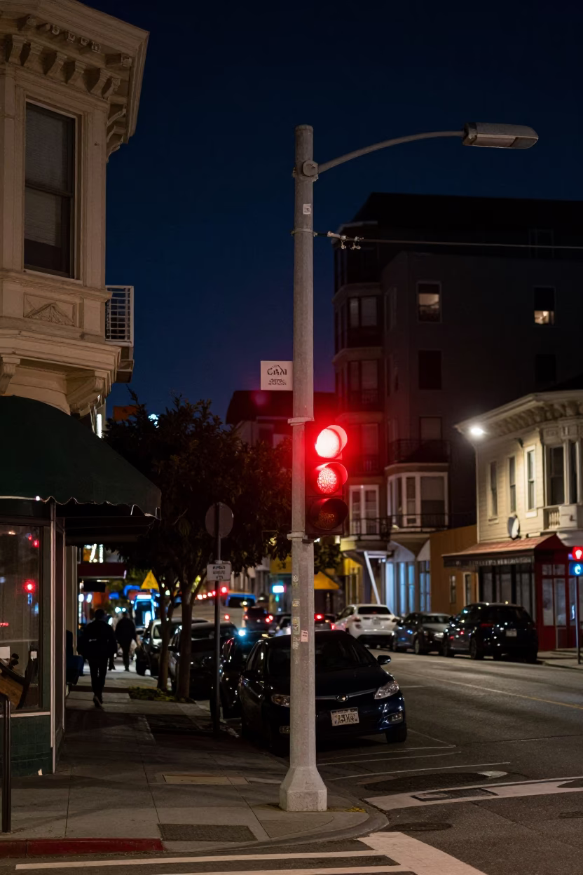 San Francisco Street Scene at Night with Red Light and Urban Details in in San Francisco, California, United States