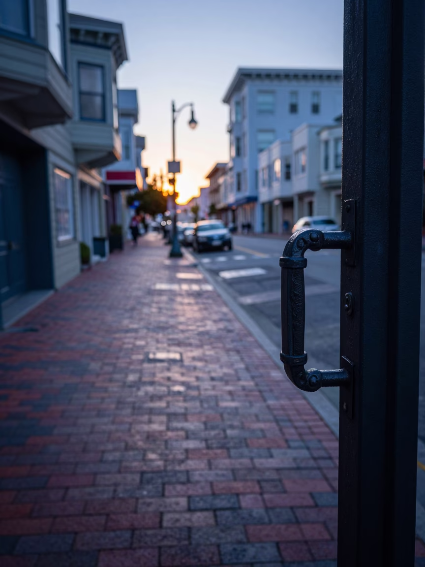 San Francisco Street Scene Before Dawn with Gate Handle and Leaf Shadows in in San Francisco, California, United States