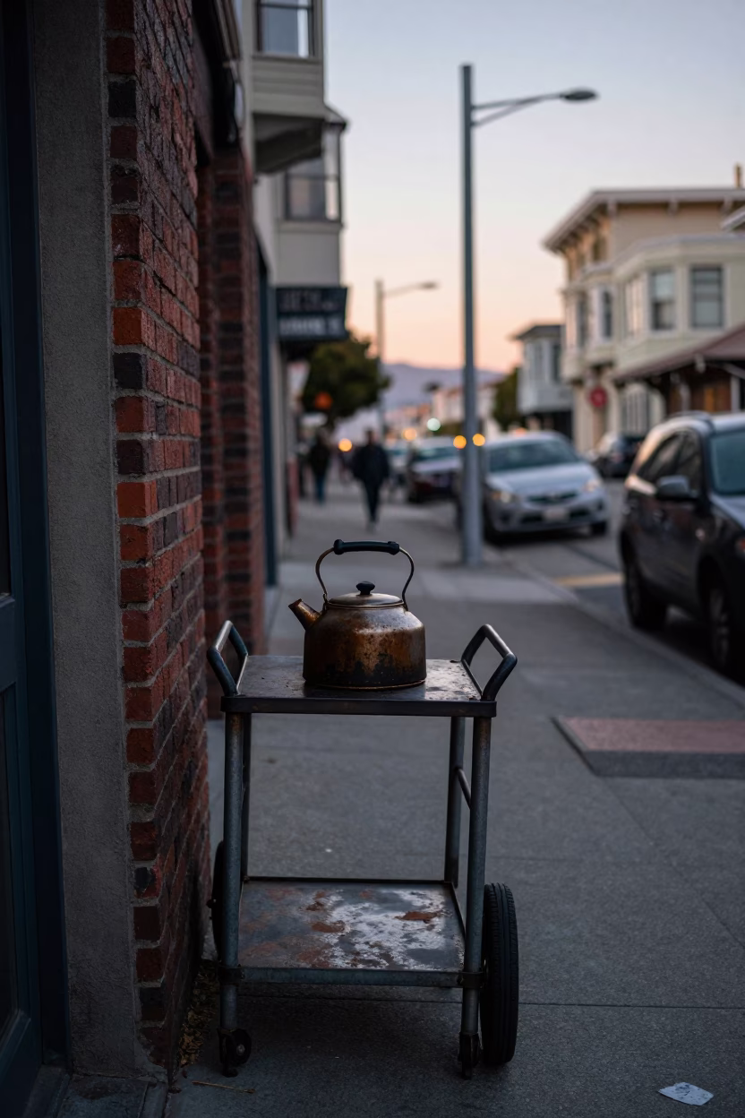 San Francisco Street Scene Before Dawn with Vintage Kettle and Rust Details in in San Francisco, California, United States