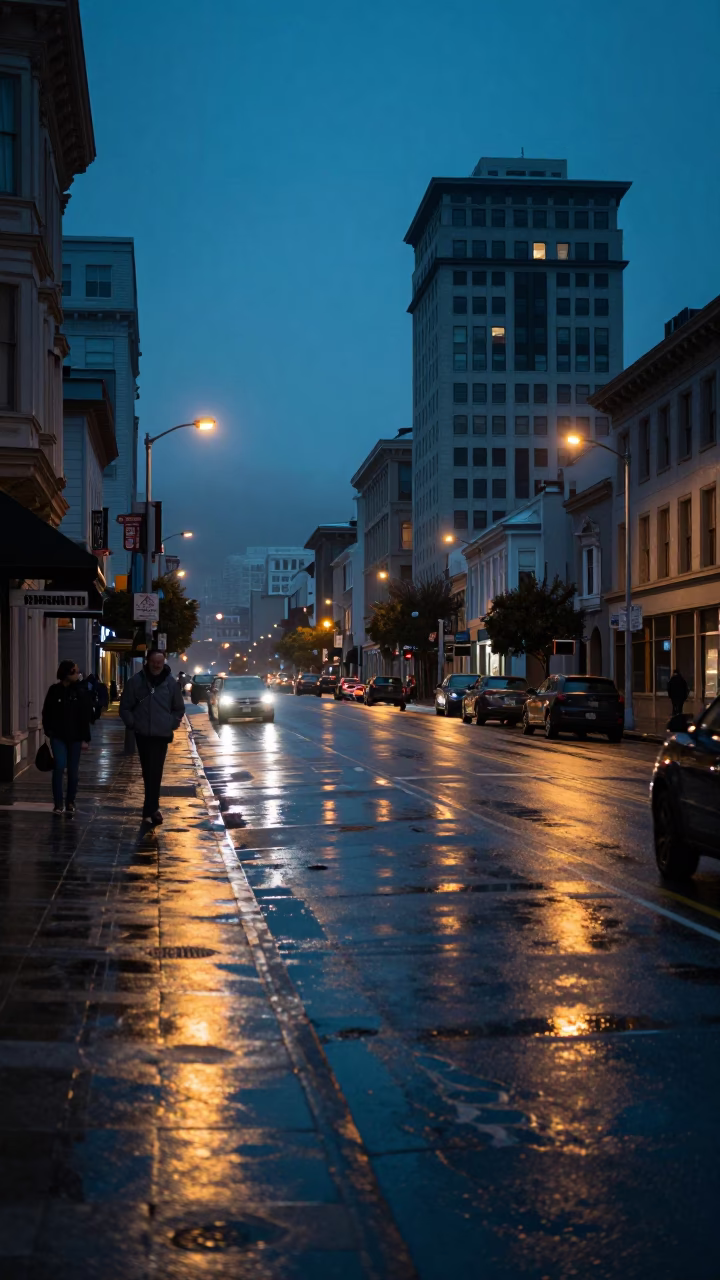 San Francisco Street Scene Before Dawn with Wet Pavement and Urban Details in in San Francisco, California, United States