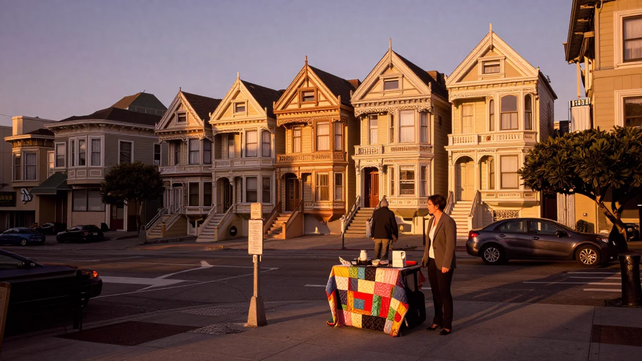 San Francisco Street Scene Before Dusk with Quilt and Razor Strop in in San Francisco, California, United States