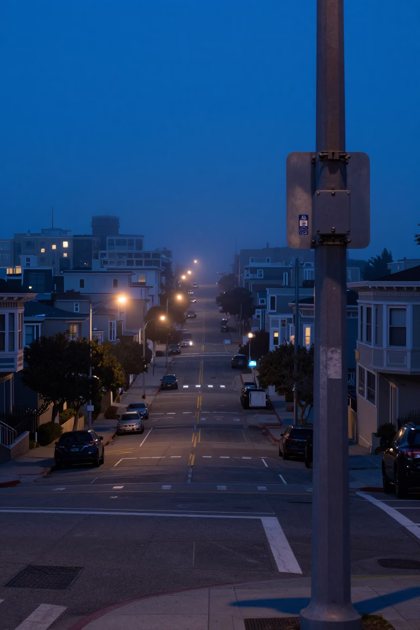 San Francisco Street Scene in Indigo Twilight with Deadbolt and Japanese Maple in in San Francisco, California, United States