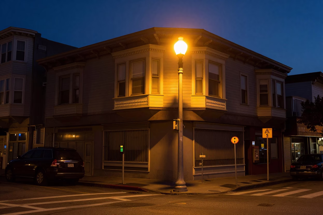 San Francisco Street Scene in Predawn Darkness with Local Details in in San Francisco, California, United States