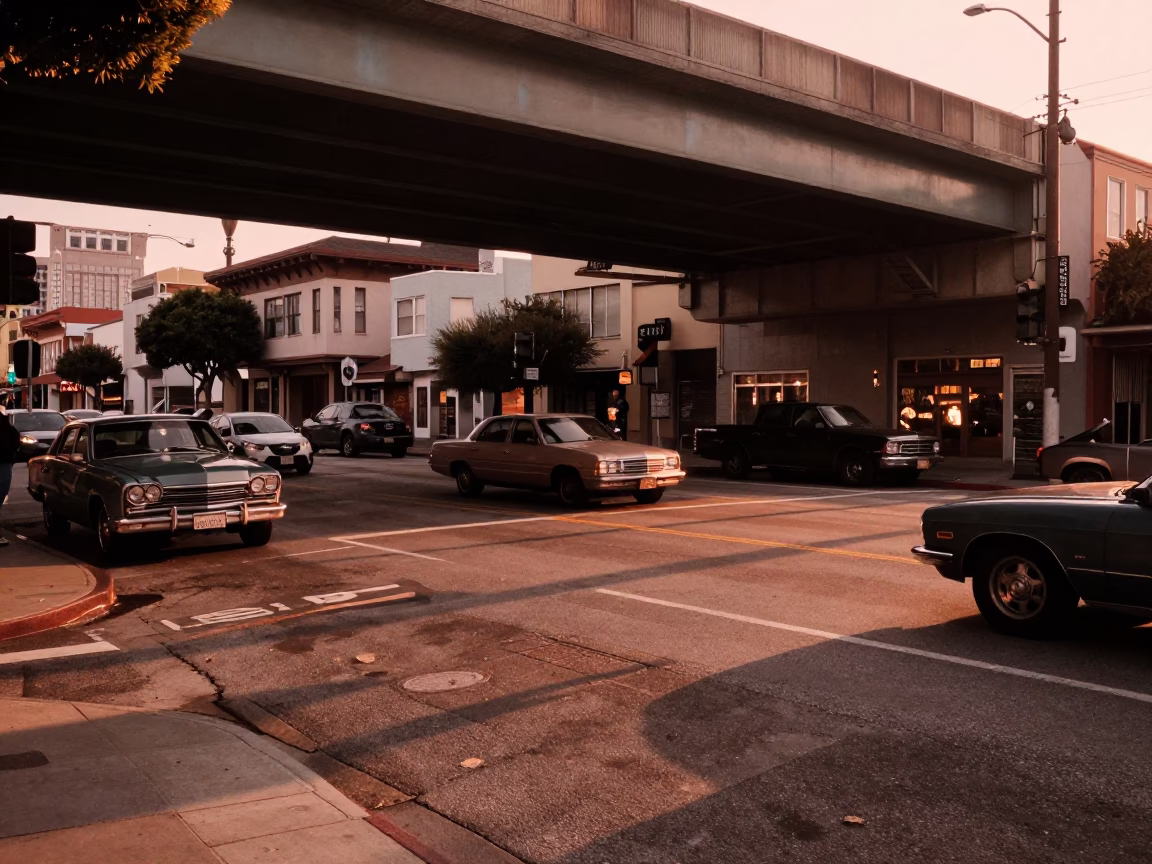 San Francisco Street Scene Under Overpass With Vintage Cars and Urban Shadows in in San Francisco, California, United States