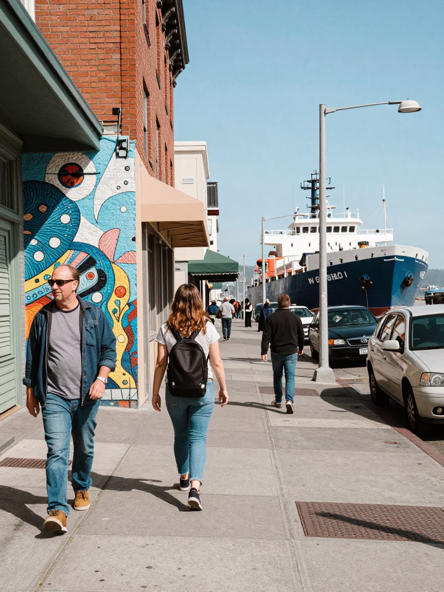 San Francisco Street Scene with Cargo Ship and Local Life at Noon in in San Francisco, California, United States