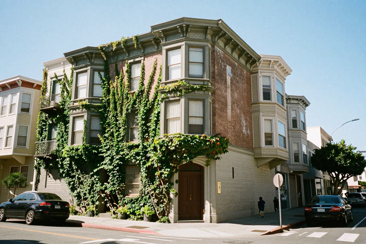 San Francisco Street Scene with Ivy Vines and Urban Architecture in Bright Midmorning Light in in San Francisco, California, United States