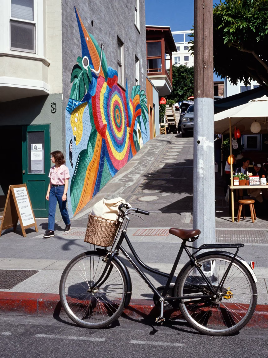 San Francisco Street Scene with Vintage Bicycle and Local Market Goods in in San Francisco, California, United States