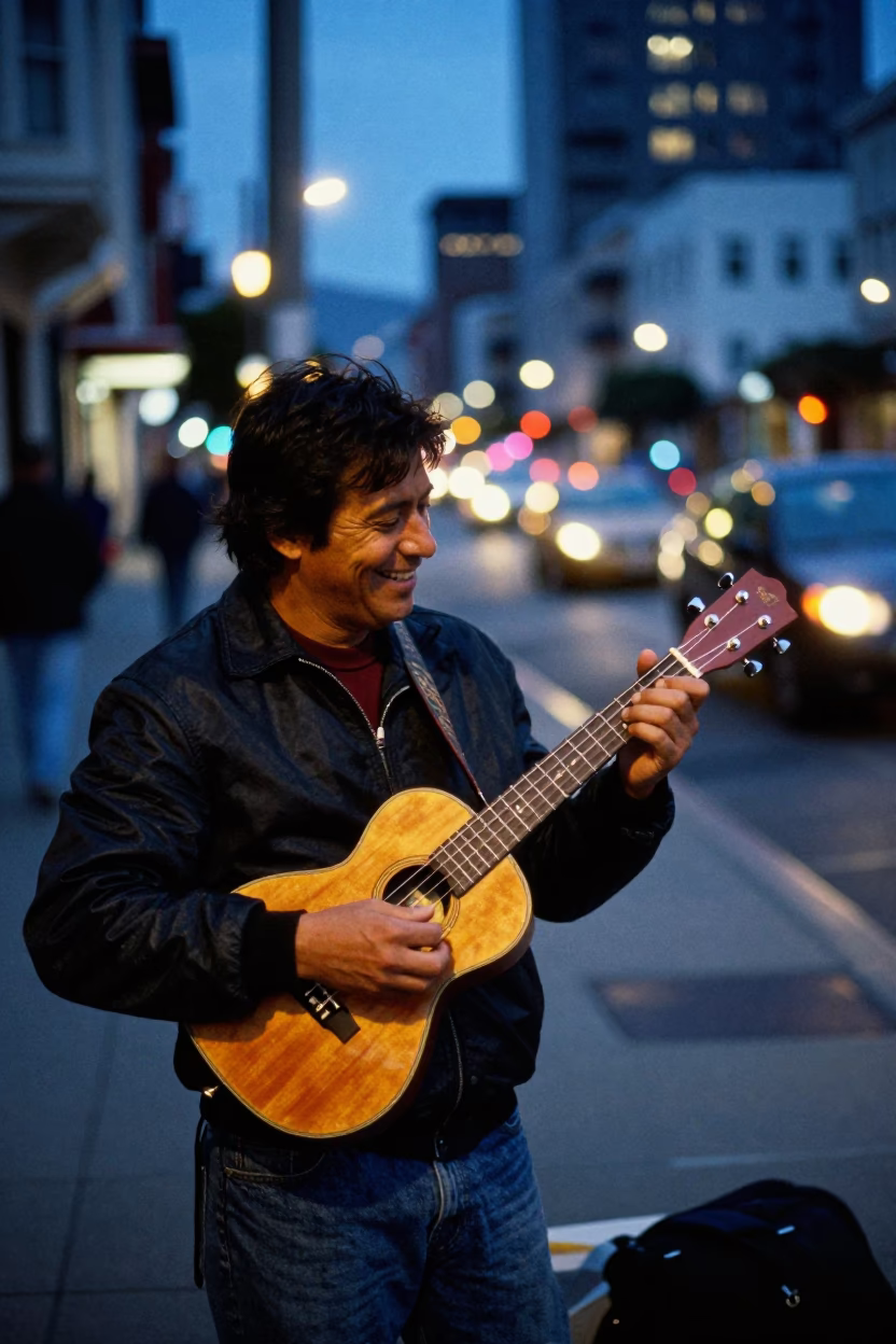 San Francisco Street Scene with Vintage Ukulele and City Lights at Dusk in in San Francisco, California, United States