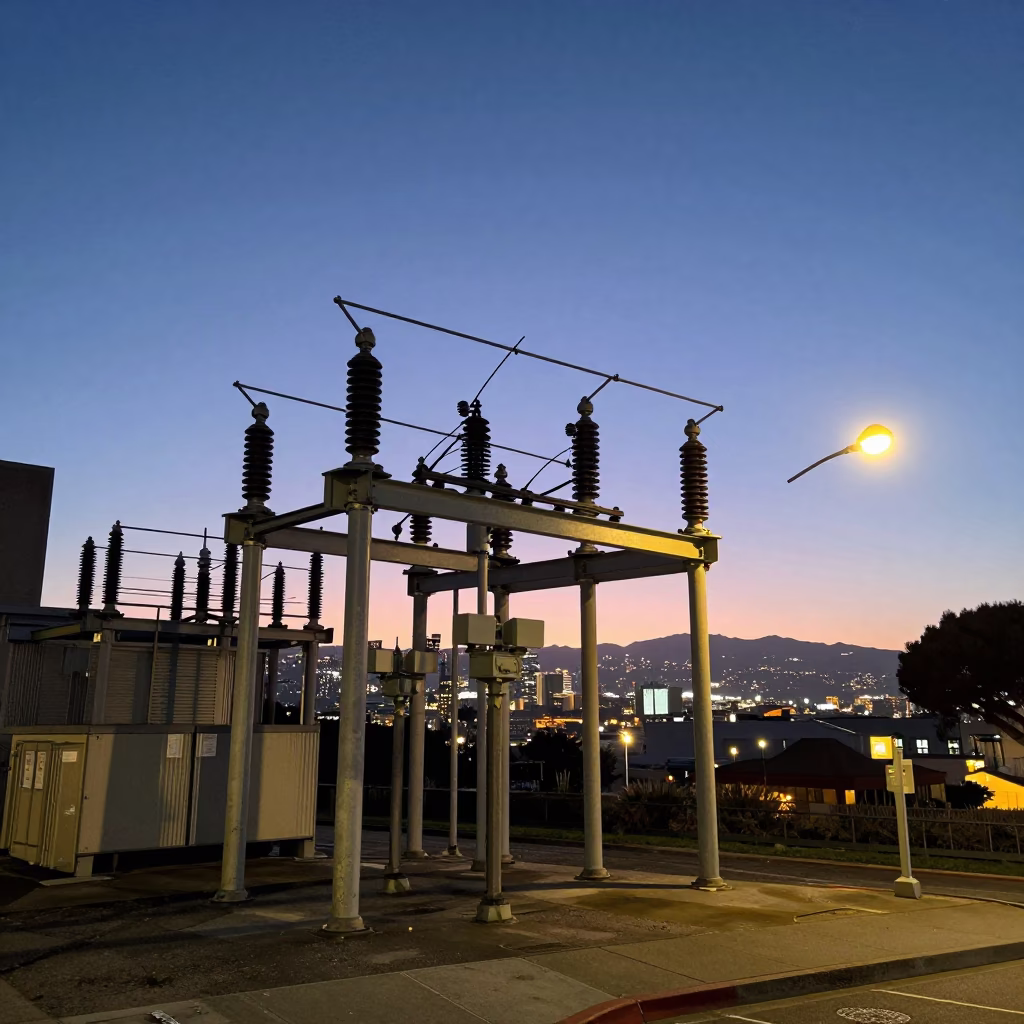 San Francisco Substation Insulators Sparkling Under City Lights at Dusk in in San Francisco, California, United States