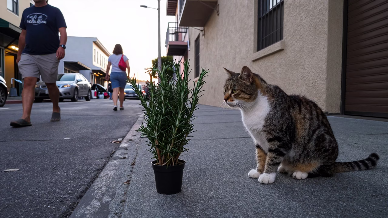 San Francisco Summer Evening Street Scene with Cat and Rosemary Sprigs in in San Francisco, California, United States