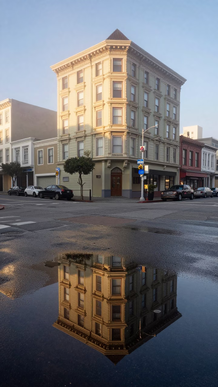 San Francisco Sunrise Street Scene with Puddle Reflections and Urban Architecture in in San Francisco, California, United States