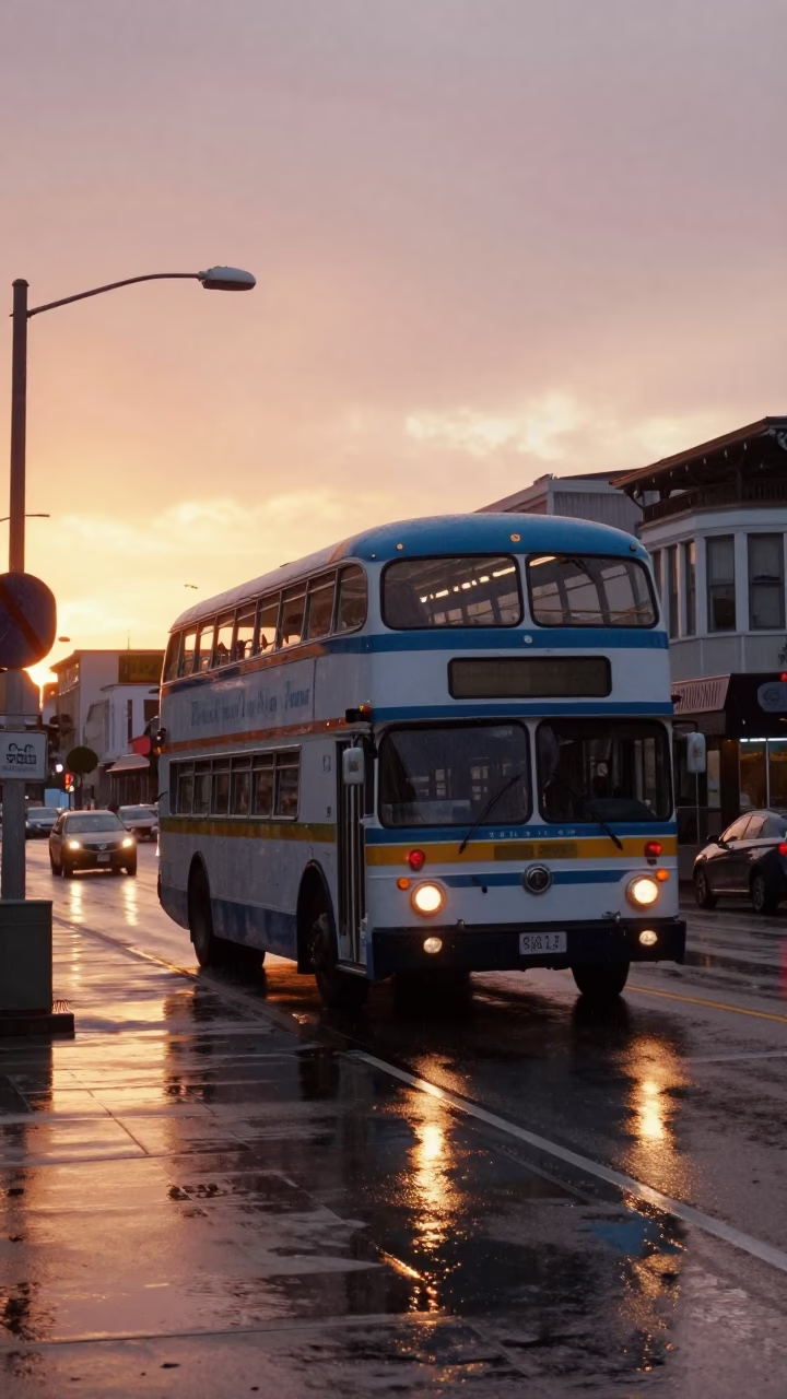 San Francisco Sunset Double Decker Bus Rainy Street Scene 1990s in in San Francisco, California, United States