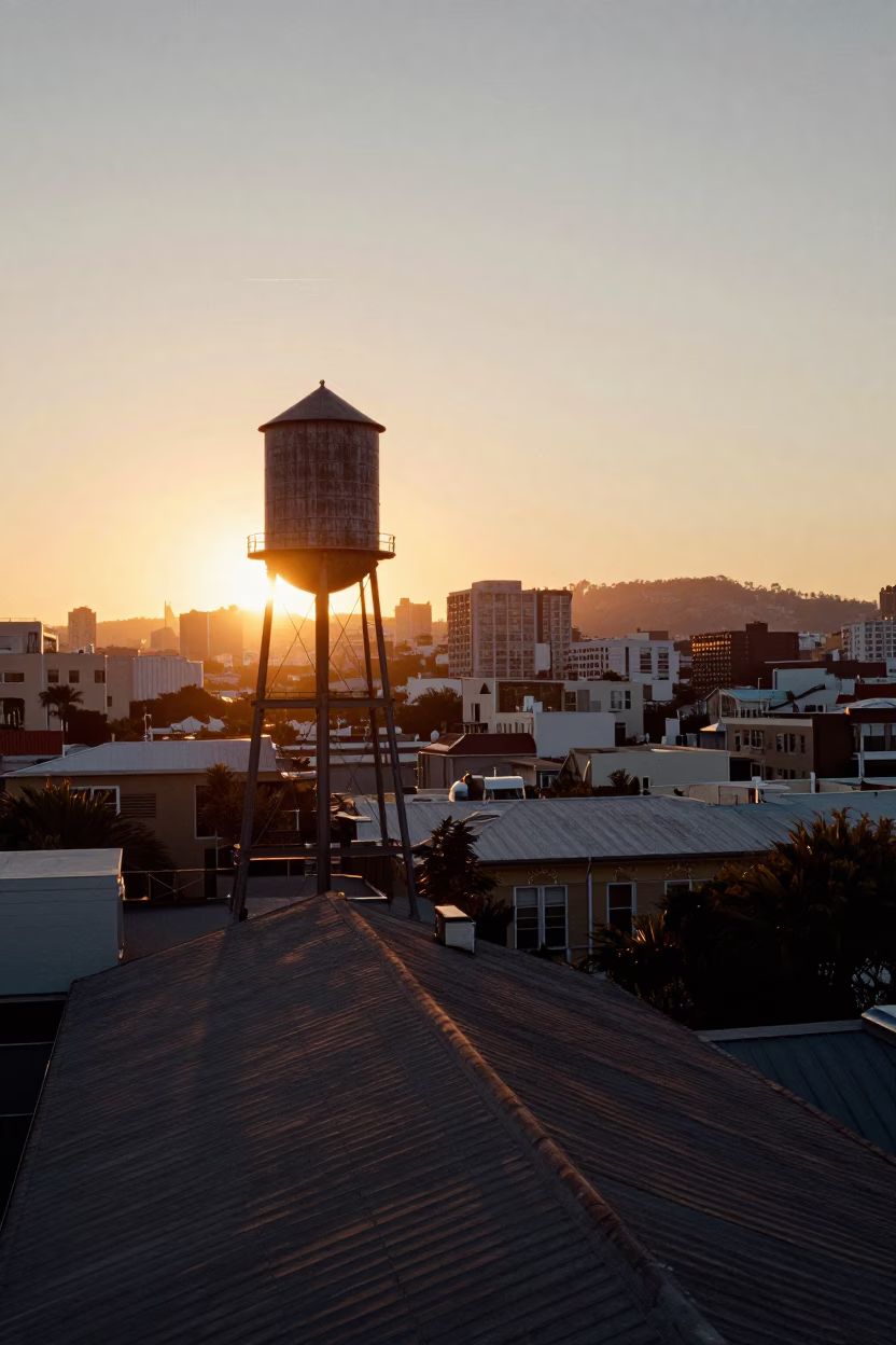 San Francisco Sunset Golden Hour Water Tower Rooftop View with Urban Skyline and Fog in in San Francisco, California, United States