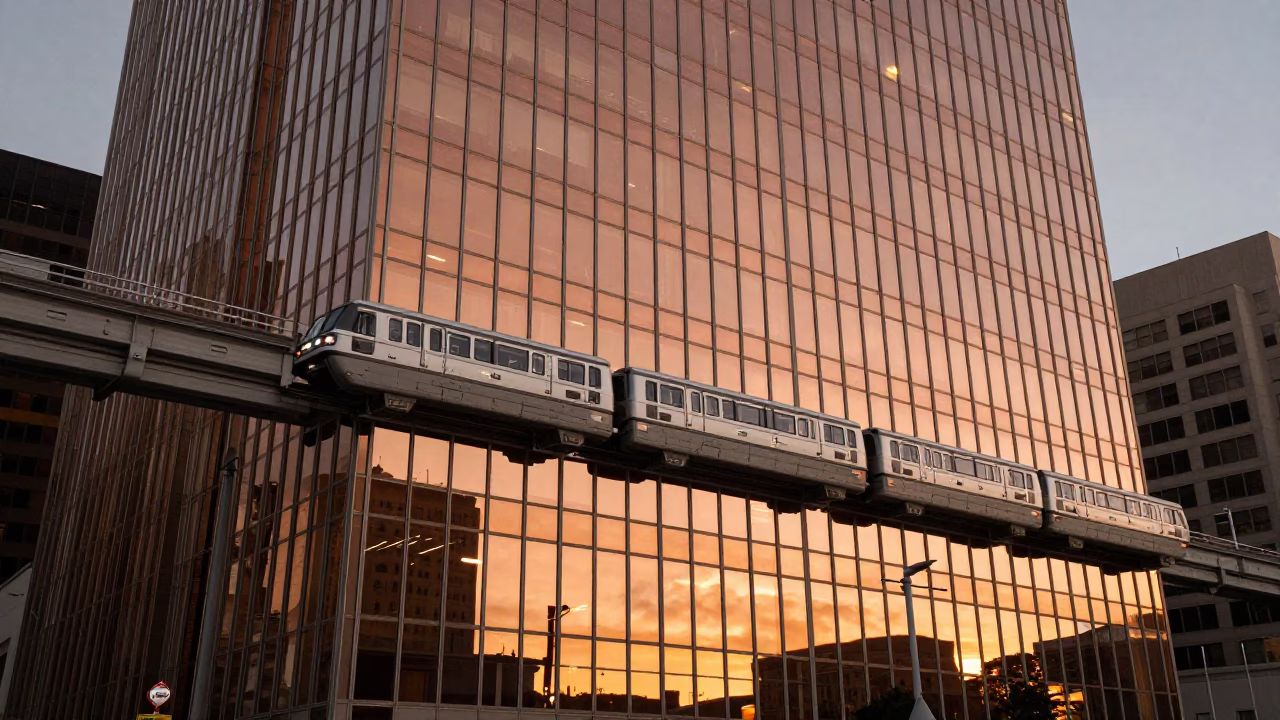San Francisco Sunset Monorail Reflection in Glass Skyscraper Before Dusk in in San Francisco, California, United States