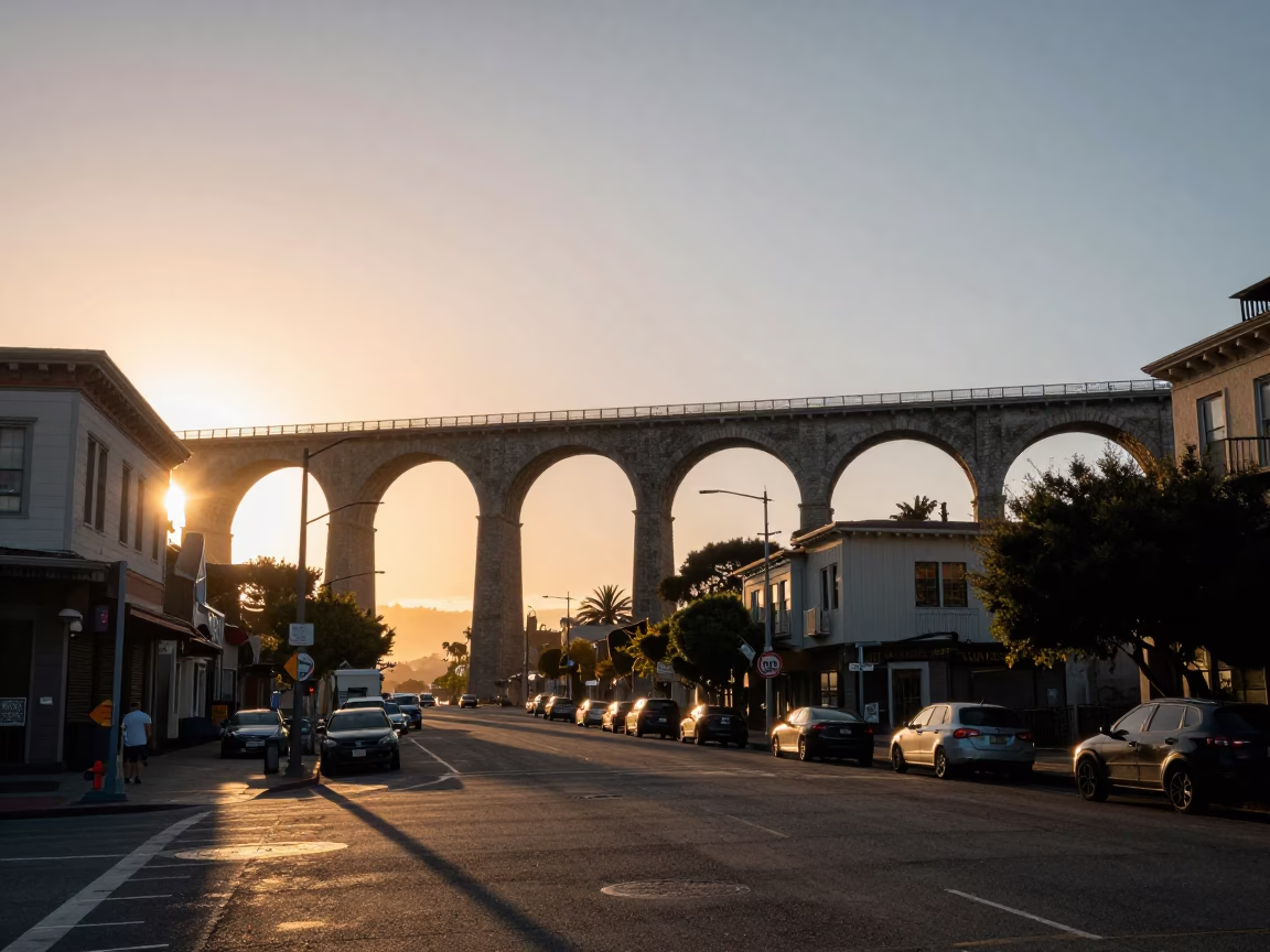 San Francisco Sunset Railway Viaduct and Urban Street Scene in in San Francisco, California, United States