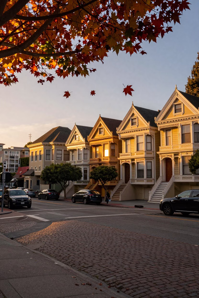 San Francisco Sunset Street Scene with Autumn Maple Leaves and Urban Details in in San Francisco, California, United States