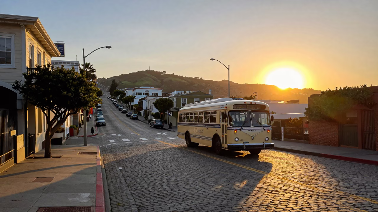 San Francisco Sunset Street Scene with Classic Bus and Local Details in in San Francisco, California, United States