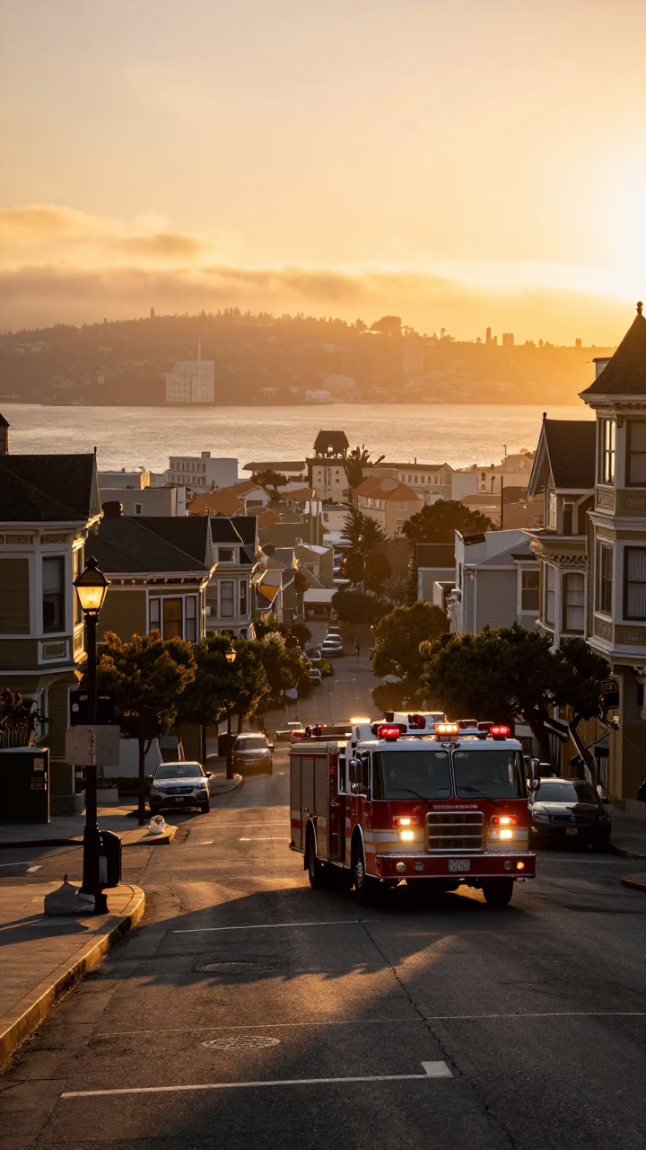 San Francisco Sunset Street Scene with Fire Engine and Lantern in Fog in in San Francisco, California, United States