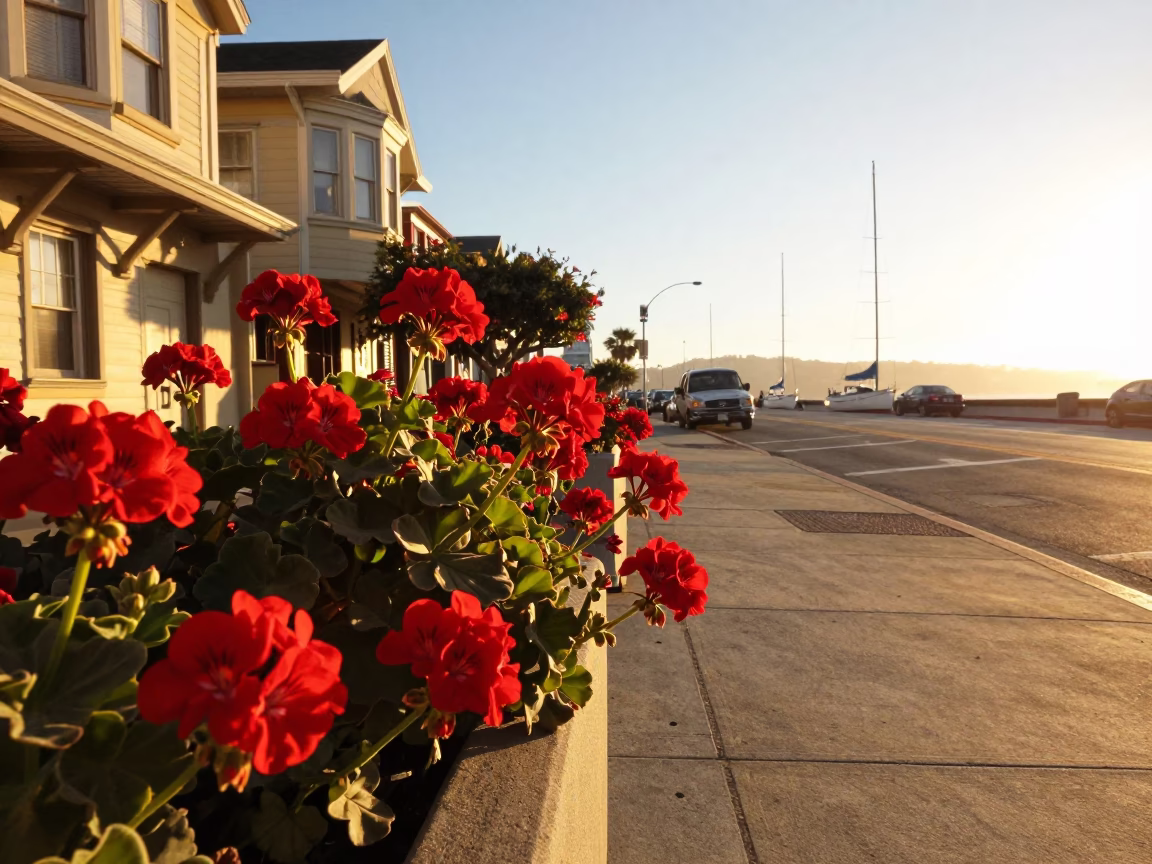 San Francisco Sunset Street Scene with Geraniums and Sailboats in Golden Gate Park in in San Francisco, California, United States