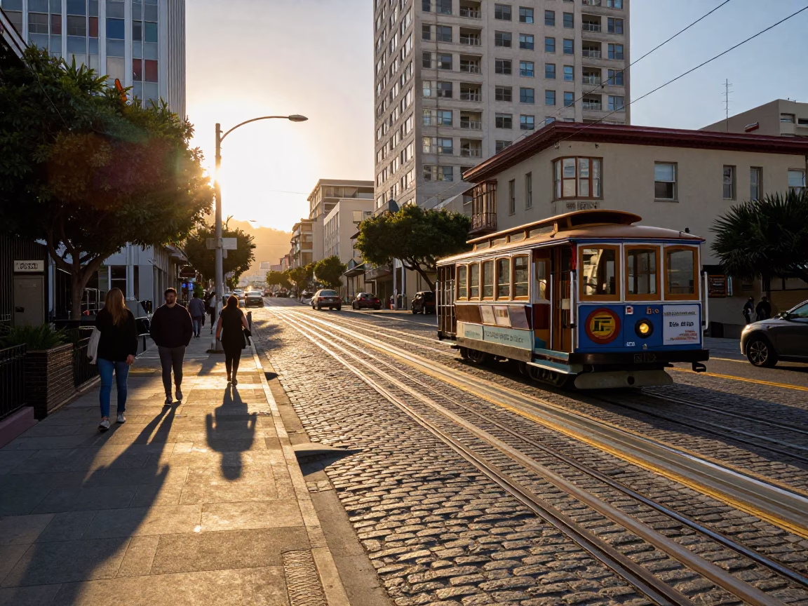 San Francisco Sunset Street Scene with Monorail and Urban Details in in San Francisco, California, United States