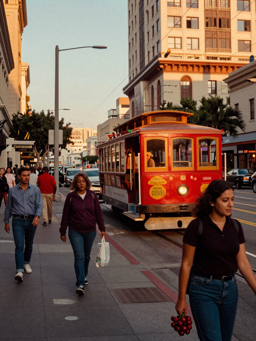 San Francisco Sunset Street Scene with Red Cable Car and Victorian Houses in in San Francisco, California, United States