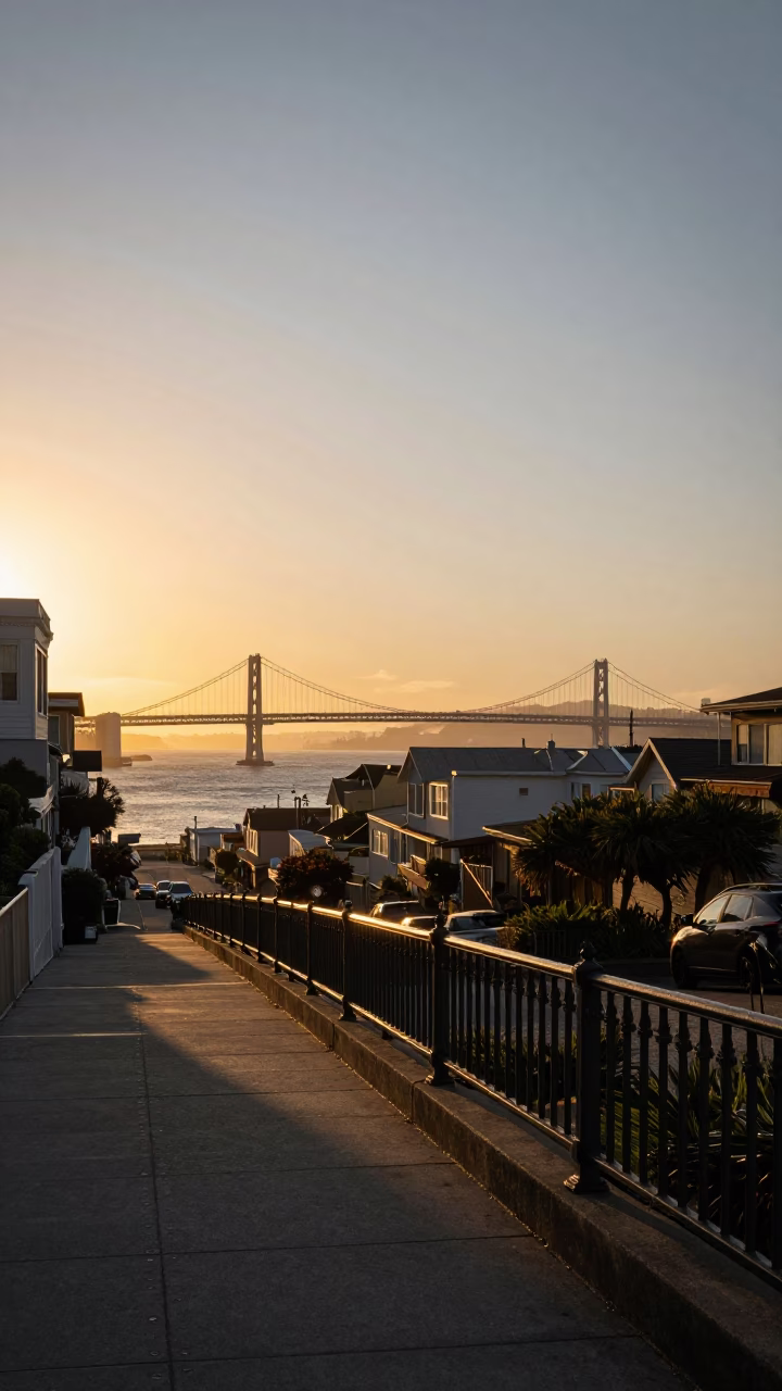 San Francisco Sunset Street Scene with Stair Rail and Harbor View in in San Francisco, California, United States