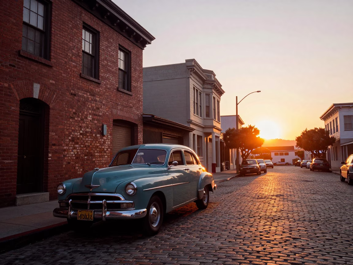 San Francisco Sunset Street Scene with Vintage 1950s Automobile and Cobblestone Architecture in in San Francisco, California, United States