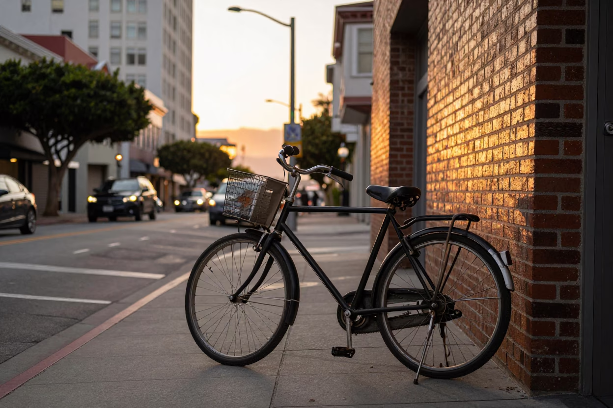 San Francisco Sunset Street Scene with Vintage Bicycle and City Skyline in in San Francisco, California, United States