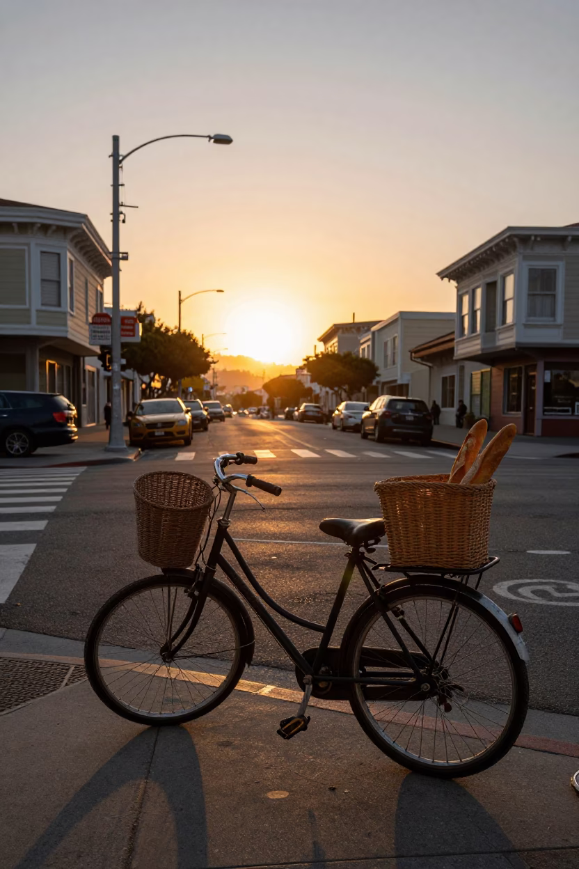 San Francisco Sunset Street Scene with Vintage Bicycle and Local Urban Details in in San Francisco, California, United States