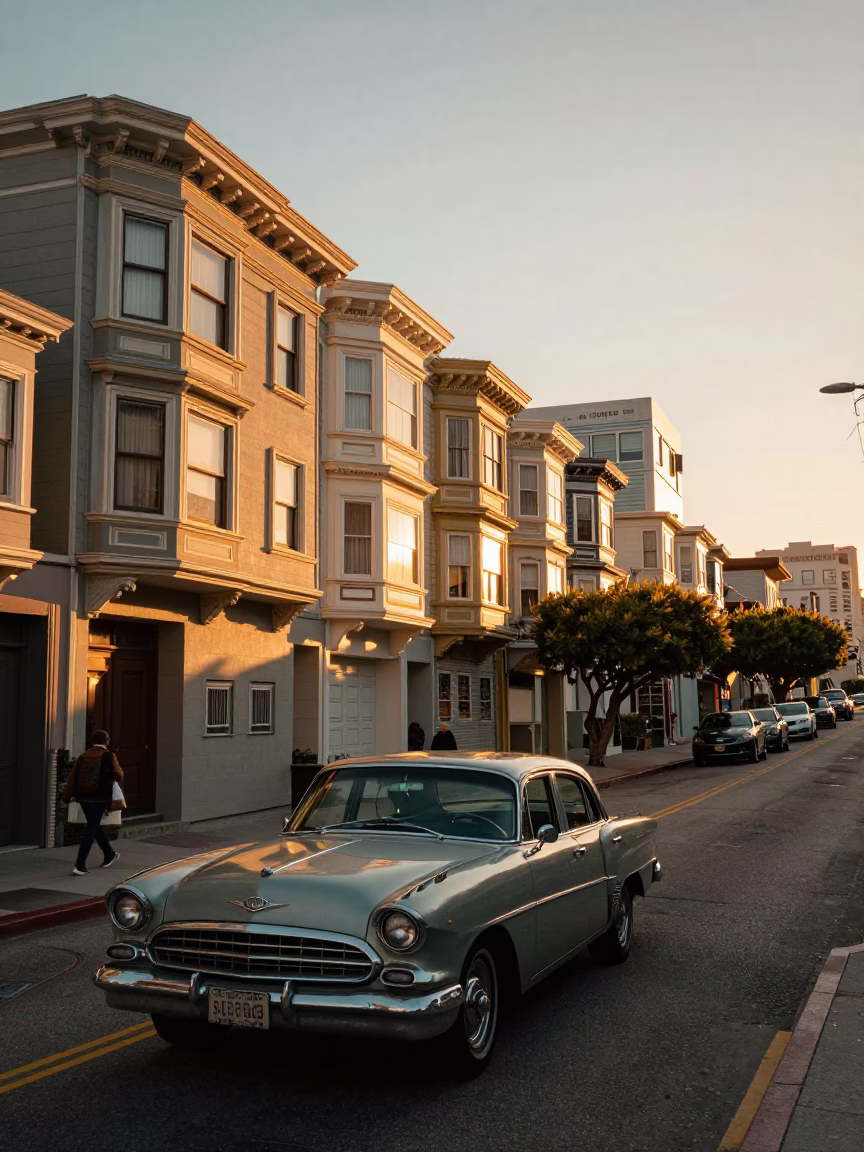 San Francisco Sunset Street Scene with Vintage Car and Local Street Details in in San Francisco, California, United States