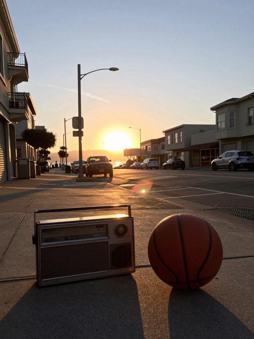 San Francisco Sunset Street Scene with Vintage Radio and Basketball in 1980s California in in San Francisco, California, United States
