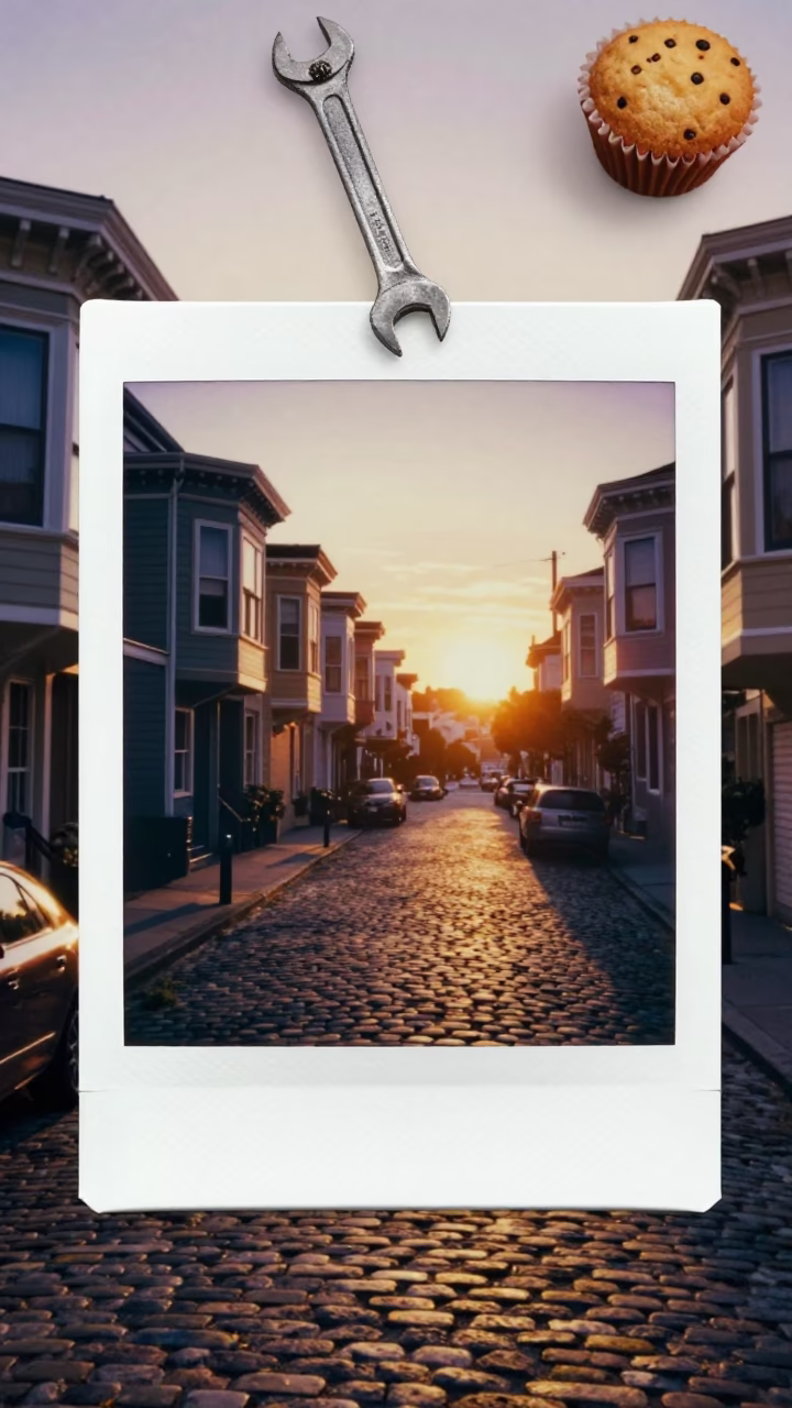 San Francisco Sunset Street Scene with Wrench and Muffin Tins on Cobblestone in in San Francisco, California, United States