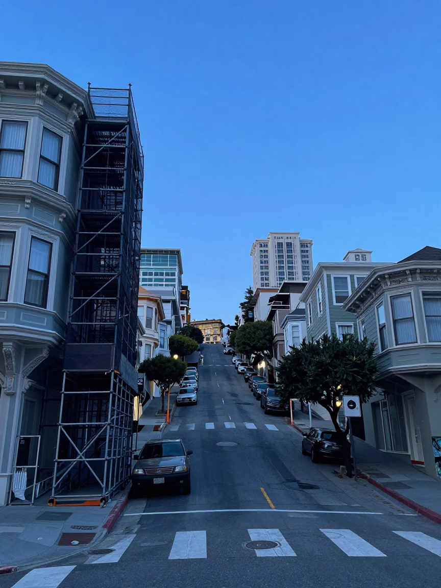 San Francisco Telegraph Hill Twilight Street Scene with Construction Scaffolding and Urban Details in in San Francisco, California, United States