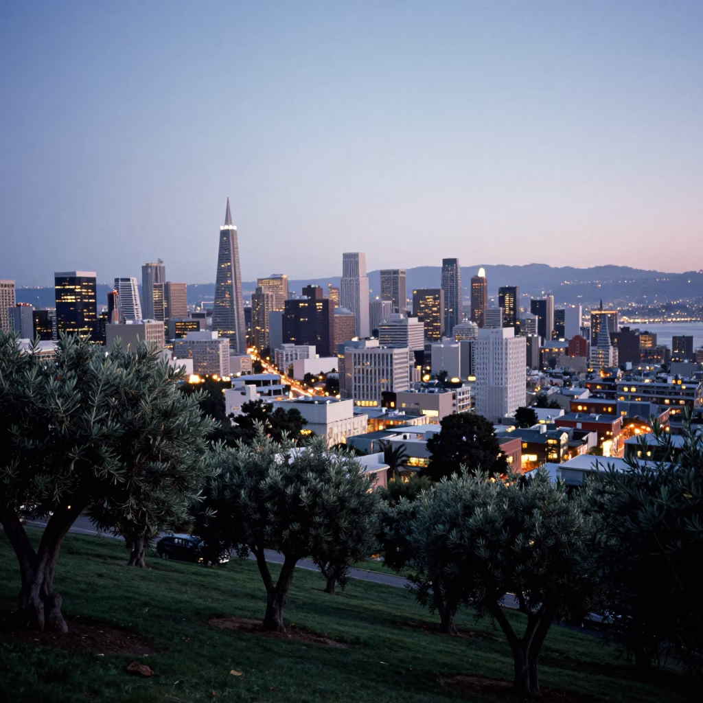 San Francisco Twilight Cityscape View with Olive Trees and Urban Street Scene in in San Francisco, California, United States