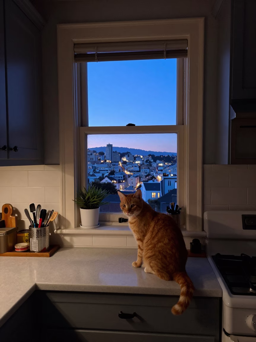 San Francisco Twilight Interior with Ginger Cat and Kitchen Details in in San Francisco, California, United States