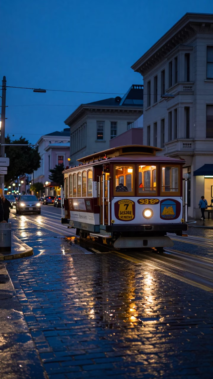 San Francisco Twilight Street Scene with Cable Car Reflections and Urban Infrastructure in in San Francisco, California, United States