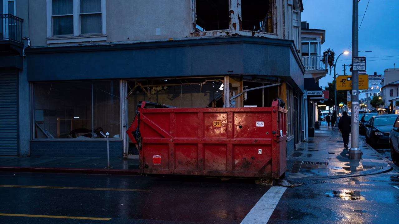 San Francisco Twilight Street Scene with Demolition Dumpster and Local Storefront in in San Francisco, California, United States