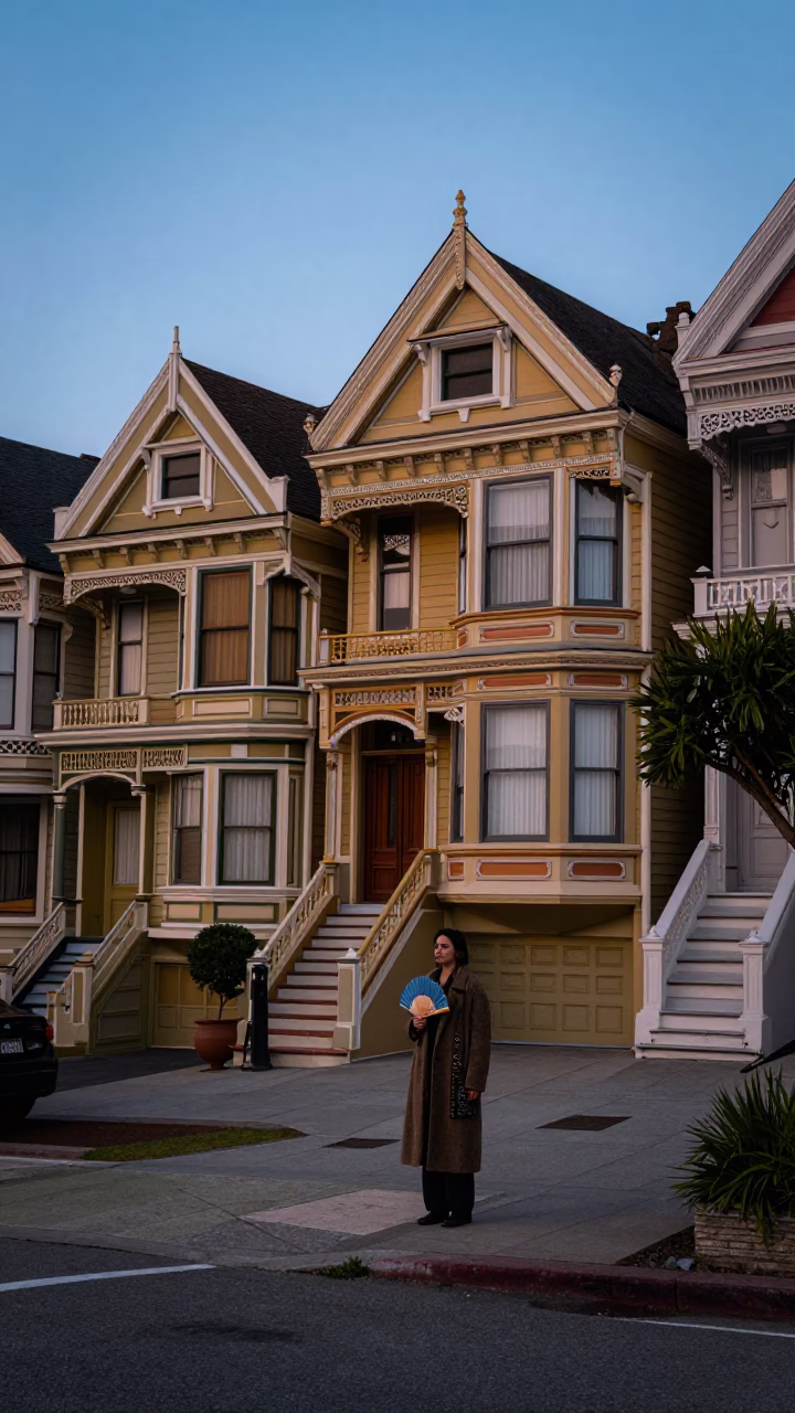 San Francisco Twilight Street Scene with Houseplant and Folding Fan in in San Francisco, California, United States