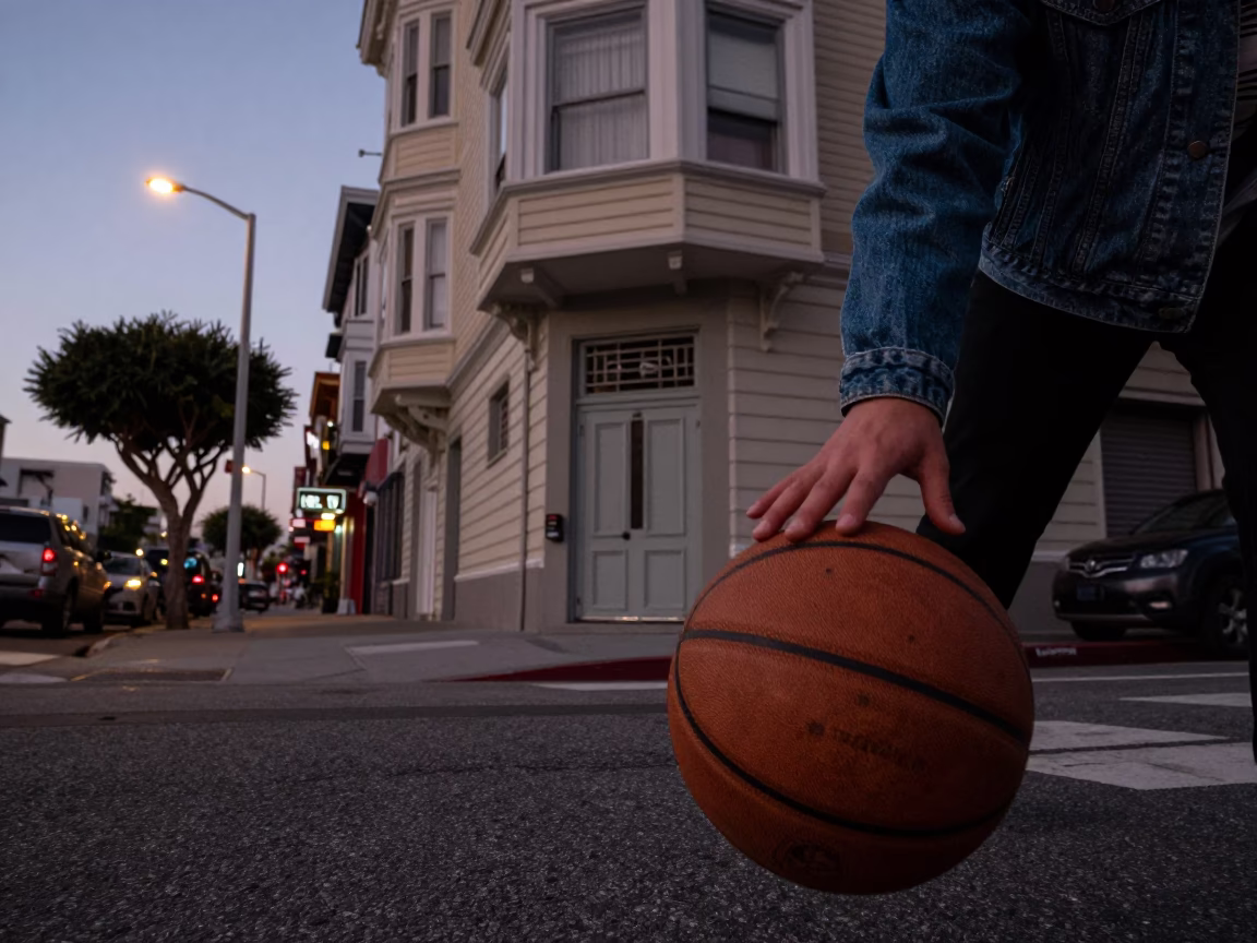 San Francisco Twilight Street Scene with Leather Basketball and Urban Details in in San Francisco, California, United States
