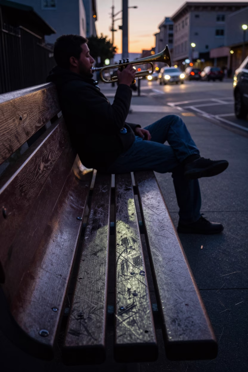 San Francisco Twilight Street Scene with Scratched Bench and Trumpet Mute in in San Francisco, California, United States