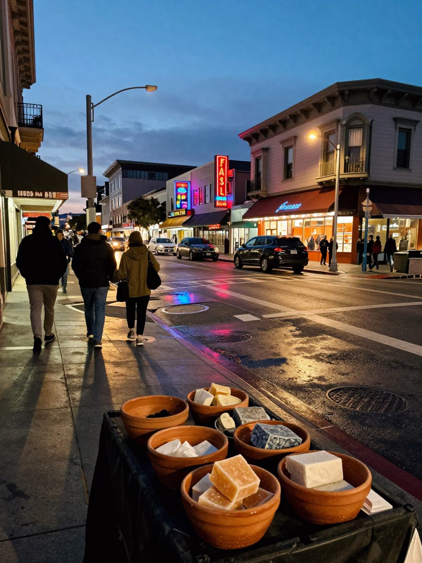 San Francisco Twilight Street Scene with Terracotta Bowls and Soap Residue on Window Glass in in San Francisco, California, United States