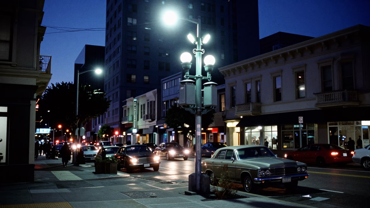 San Francisco Urban Street Scene with Vintage Car and Substation Insulators Under Predawn Floodlights in in San Francisco, California, United States