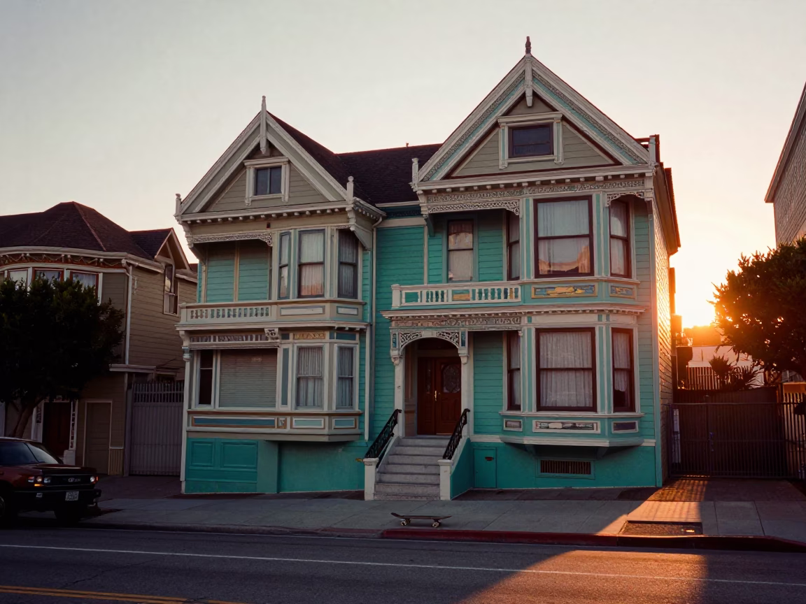 San Francisco Victorian House Peeling Turquoise Paint Sunset Skater in in San Francisco, California, United States