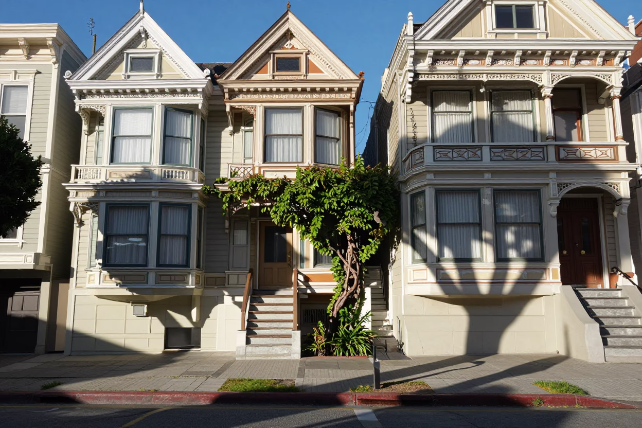 San Francisco Victorian House Vine Shadows Early Afternoon California Street Photography in in San Francisco, California, United States