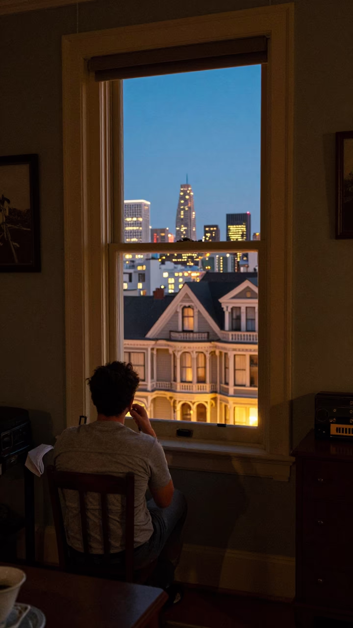 San Francisco Victorian Interior at As City Lights Begin To Glow in in San Francisco, California, United States