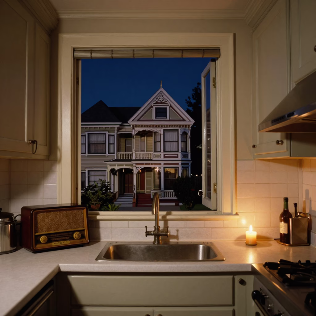San Francisco Victorian Kitchen at Night with Cedar View and Vintage Radio in in San Francisco, California, United States