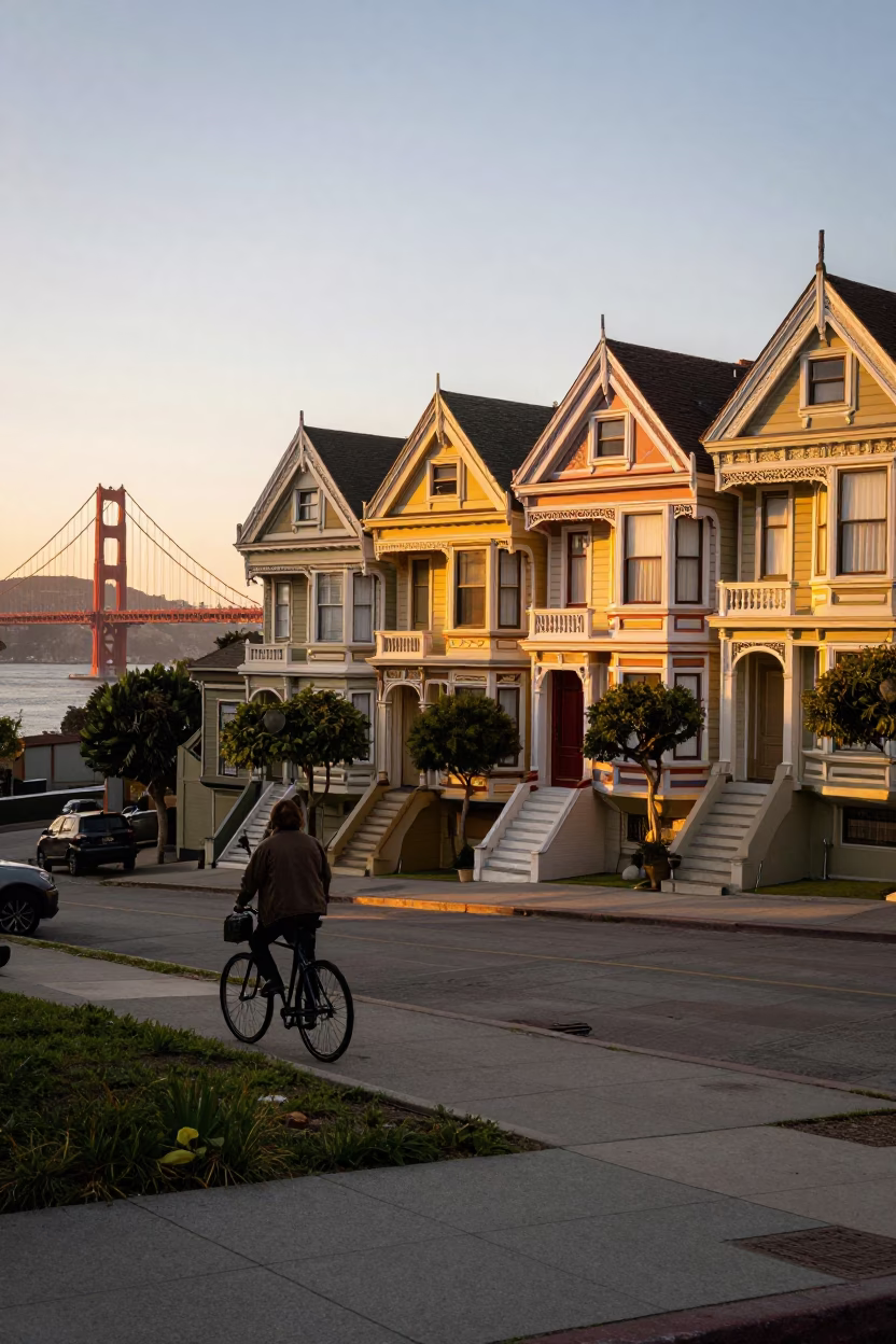 San Francisco Victorian Painted Ladies And Golden Gate Bridge From Residential Street in in San Francisco, California, United States