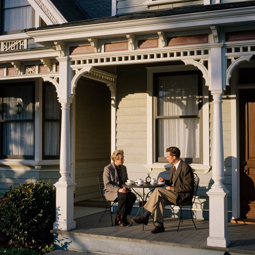 San Francisco Victorian Porch Morning with Saucers and Pocket Watch in in San Francisco, California, United States